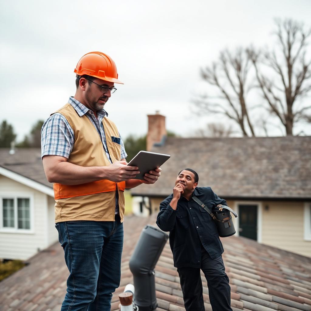 Insurance adjuster and a roofing contractor reviewing notes together on a residential roof