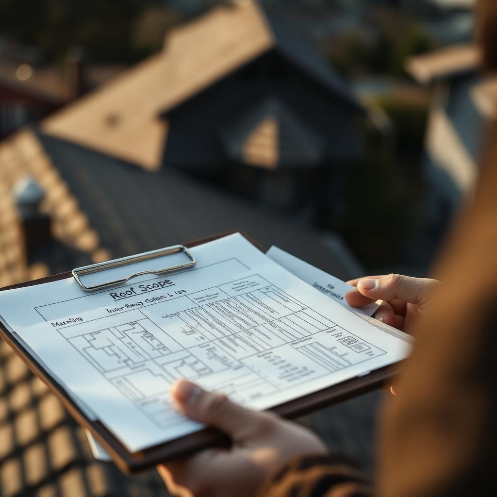 Insurance adjuster's roof scope on a clipboard above a residential roofline