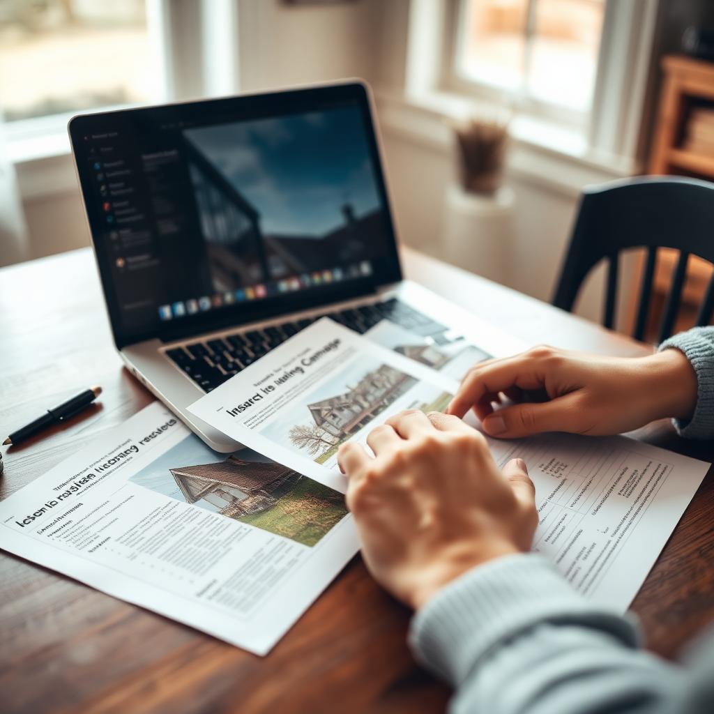 Homeowner organizing insurance claim documents and damage photos at a kitchen table
