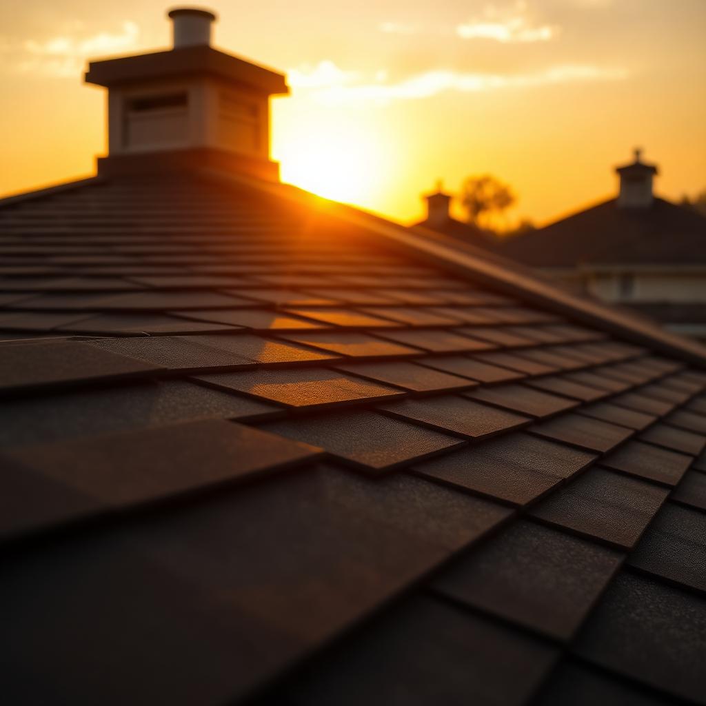 Close-up of dark architectural impact-rated shingles at golden hour
