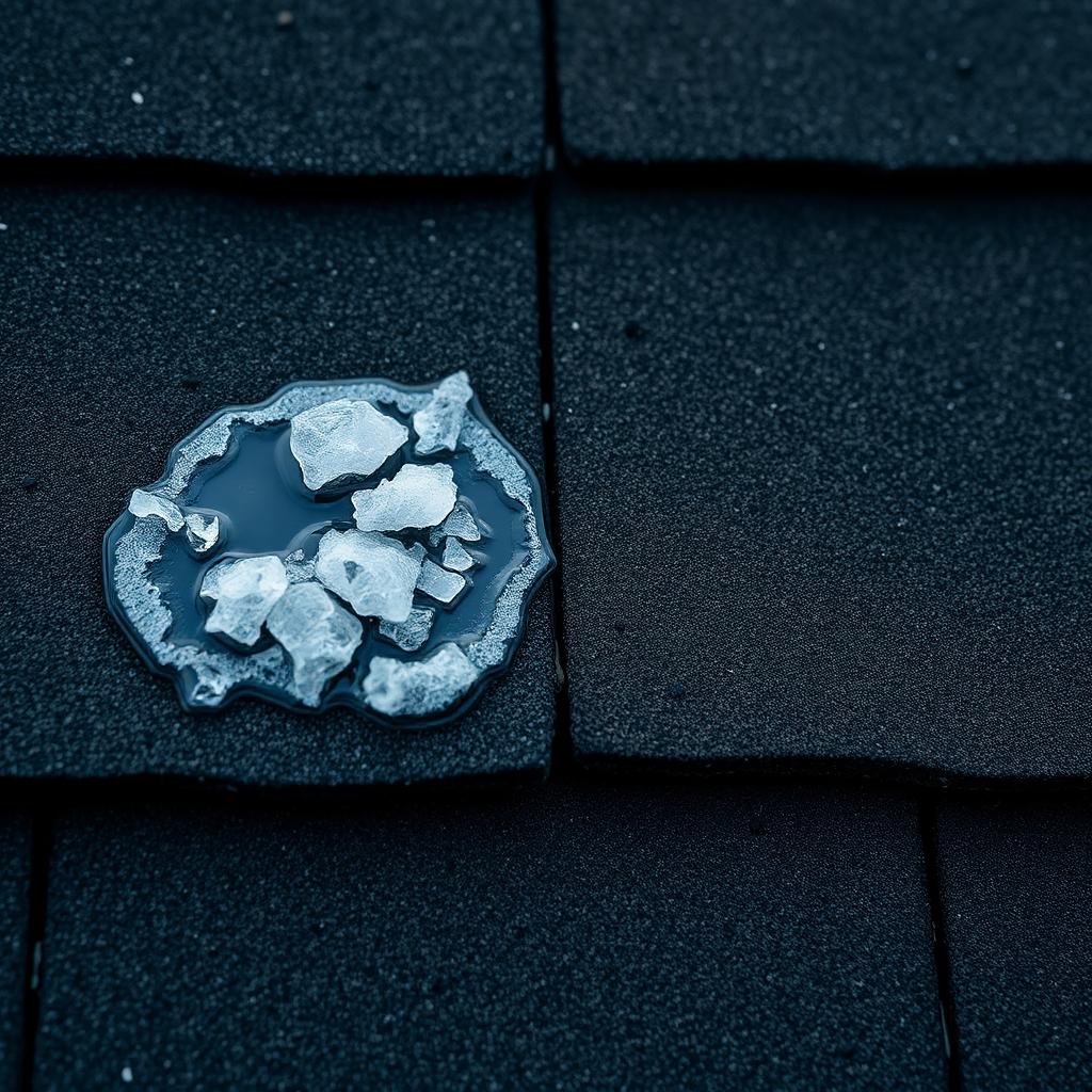 Close-up of a single round hail bruise on a dark asphalt shingle