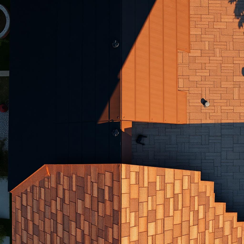 Aerial split view of standing-seam metal and architectural shingle on a Texas roof
