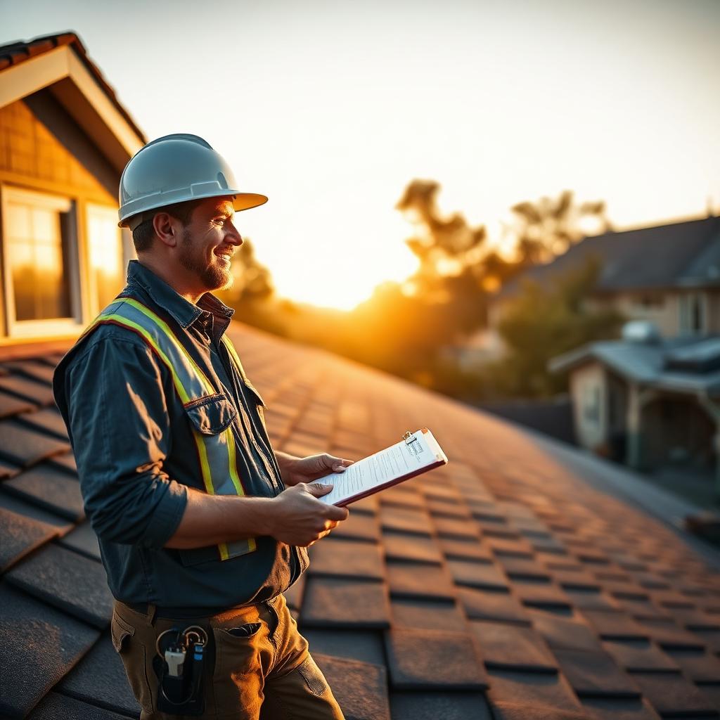 Roofing foreman holding a clipboard during a final walkthrough on a finished roof at golden hour