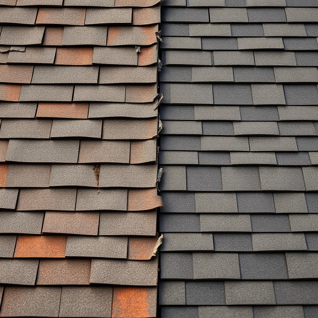 Side-by-side comparison of weathered curled shingles and new architectural shingles