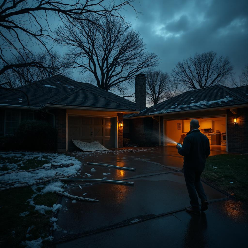 Homeowner walking the driveway at dawn after a hailstorm with broken debris on the ground